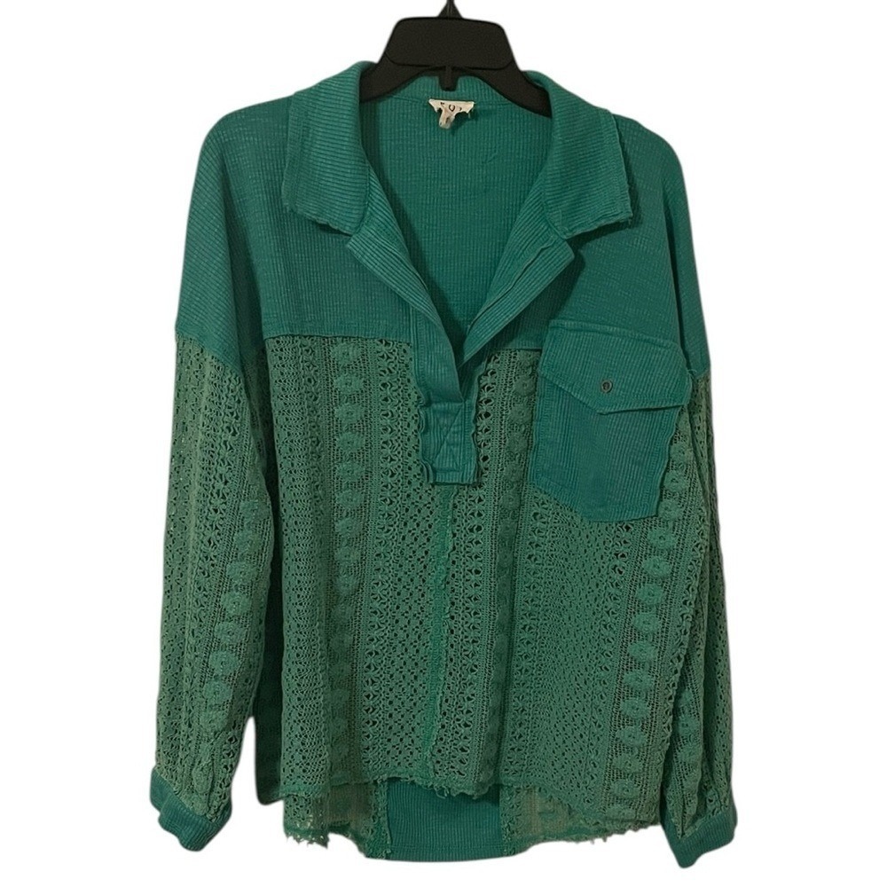 POL Women's Green Boho Lace Crochet Collared‎ Pullover Long Sleeve Tunic Size S